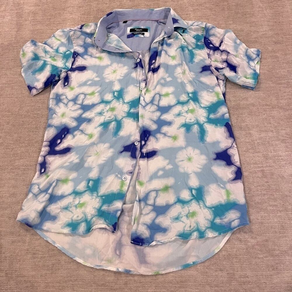 Mizumi Couture Modern Fit Shirt Mens Size L Button Front Casual Watercolor Print